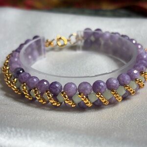 Hand Crafted Elegant Purple Mint Green and Gold Beaded Bracelet 8 inches